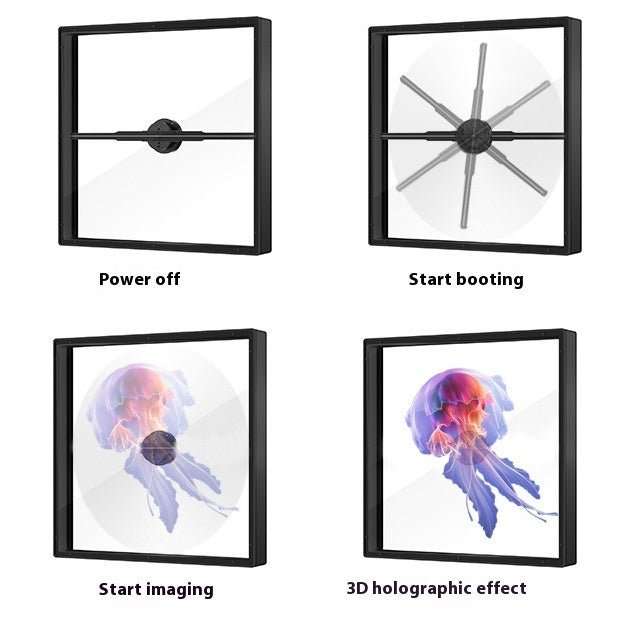 Naked Eye 3D Holographic Fan projector showing jellyfish hologram with mobile app and remote control features
