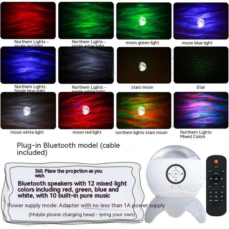 Bluetooth Starry Sky Projector displaying colorful northern lights, moon, and stars with remote control and Bluetooth speakers.