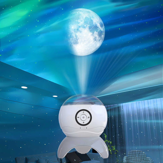 Bluetooth Starry Sky Projector projecting moon and aurora lights in a dark room