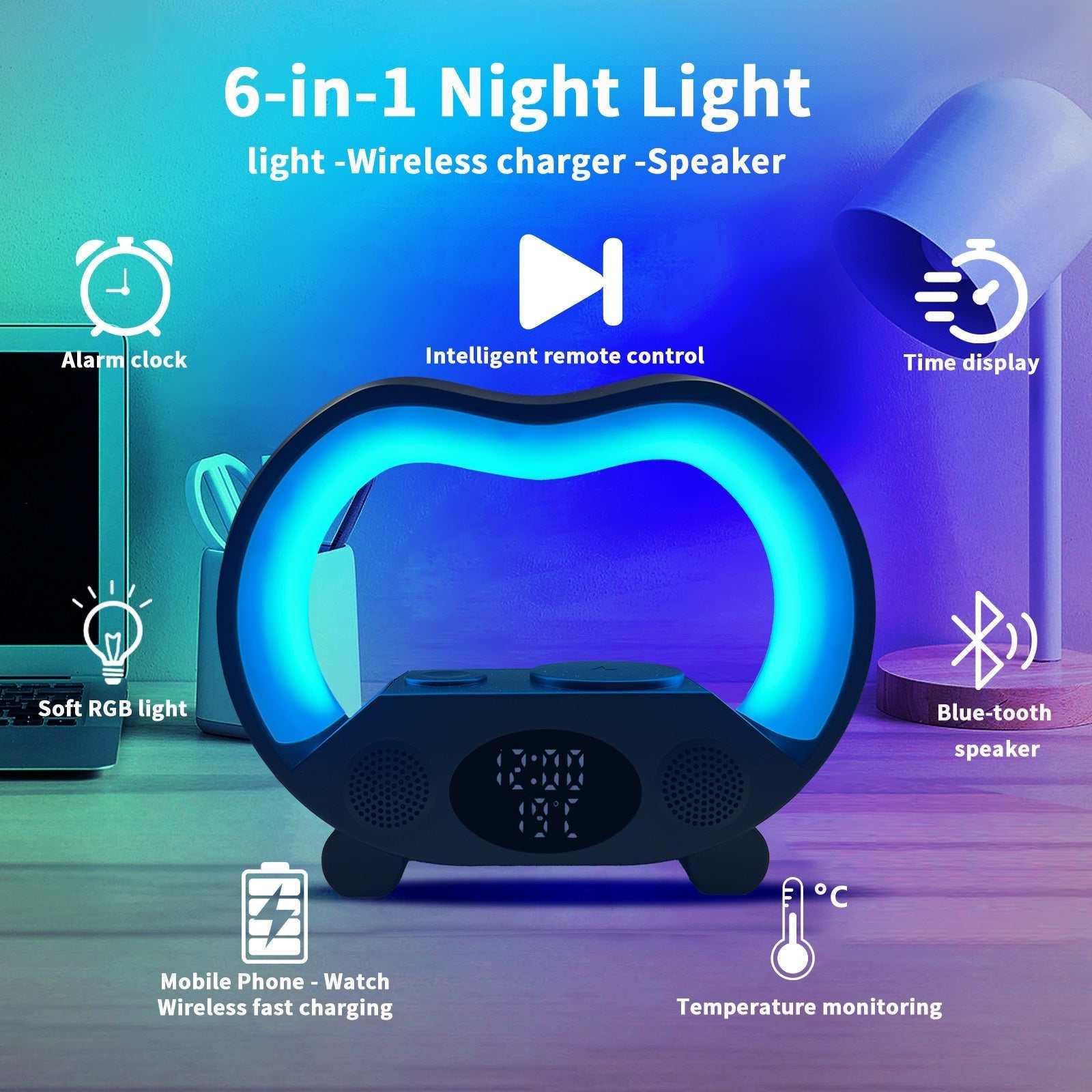 6 - in - 1 Wireless Lamp with Fast Charger & Bluetooth SpeakerZenova