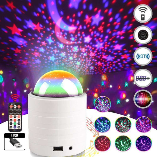 White mini star projector night light with USB, Bluetooth, and colorful star and moon patterns
