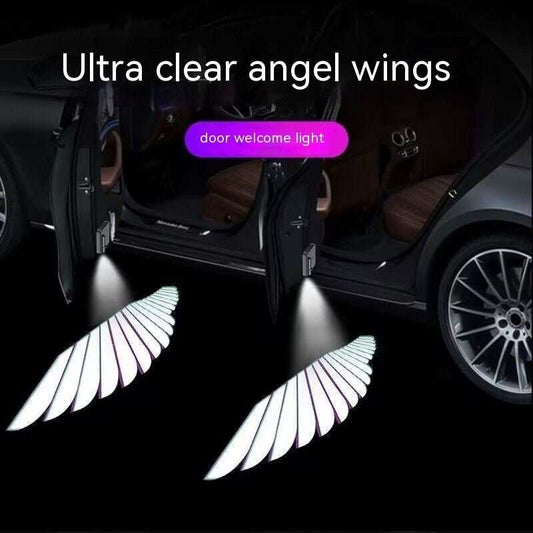 Car door sill light projecting ultra clear angel wings as welcome light on ground at car entrance at night