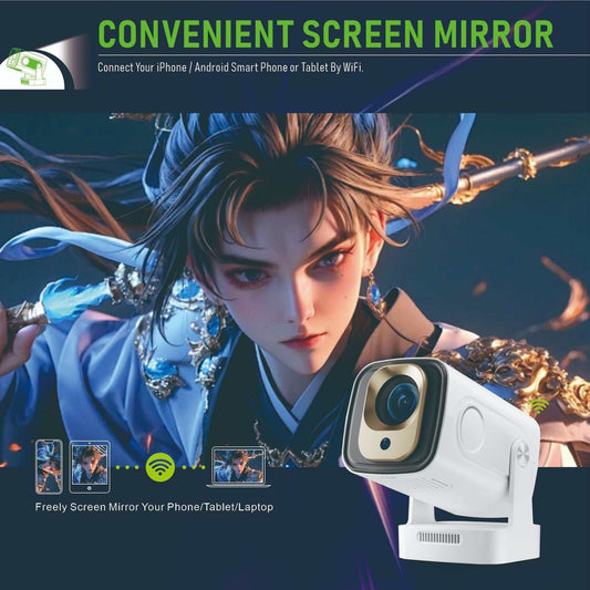 1080p HD projector with full HD 1080p resolution, 180 lumens brightness, energy-efficient 60W power, multi-standard plugs, and remote control for convenient use