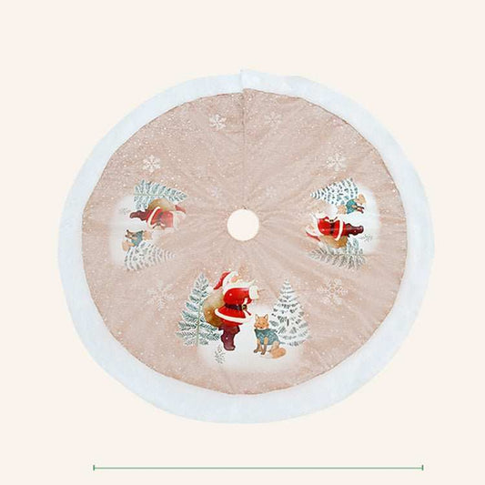Christmas tree skirt with Santa and fox design, 90cm diameter, beige with white trim