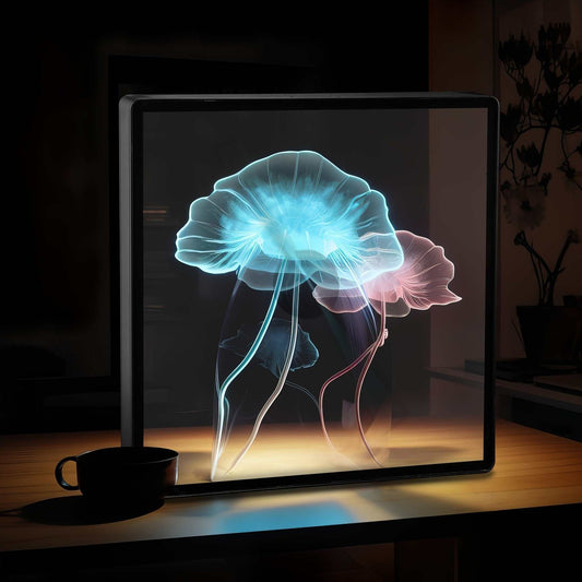 Naked Eye 3D Holographic Fan projecting glowing jellyfish display on desk with cup nearby